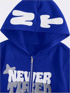 Sudadera con capucha azul Y2K con cremallera y estampado de letras, corte regular, estilo urbano para hombre - Product Image 3