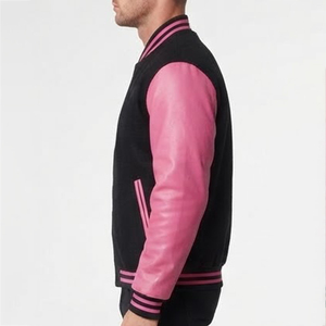 Veste universitaire personnalisée de haute qualité pour hommes, noire et rose, avec blocs de couleur, manches en cuir, fermeture boutonnée, manteau décontracté d'automne, vente en gros - Product Image 4