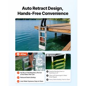 Échelle de pont rétractable en alliage d'aluminium à 5 marches pour bateau ponton, flotteur de levage automatique, marches larges antidérapantes, capacité 500 lbs, pièces et accessoires - Product Image 4