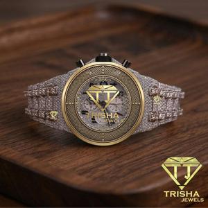 Classic Moissanite Diamond <b>Chronograph</b> Watch With Stainless Steel Iced Out Bracelet Luxury Hip Hop Jewelry For Men - Product Image 1
