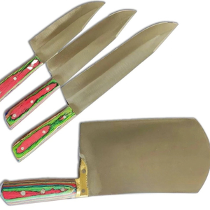 Ensemble de couteaux de boucher Qurbani en acier au carbone, 4 pièces, lames dorées et argentées, manches multicolores rouge et vert, ensemble de hachoirs à viande robustes - Product Image 3