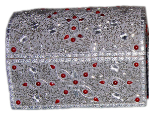 Elegant Silver Embroidered <b>Beaded</b> Metal Storage Trunk Red Stone Work Decorative Organizer Box Home Dcor INDIA LAC BOXES/DECO - Product Image 1