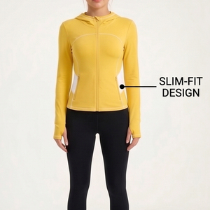 Sudadera deportiva amarilla con capucha y cremallera para mujer, de manga larga, tejida, para yoga y entrenamiento - Product Image 3