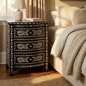Handmade <b>Blue</b> White Floral Inlay Nightstand With 3 Drawers Traditional Bedroom Furniture Antique Style Wooden Storage Cabinet - Product Image 3