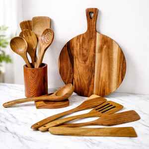Ensemble d'ustensiles de cuisine en bois d'acacia 7 pièces avec support et planche à charcuterie - Product Image 6