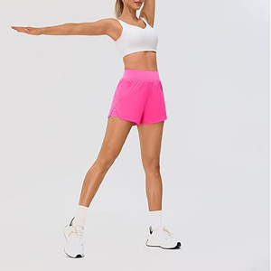 Shorts de sport rose fluo 2 en 1 pour femmes avec poche pour téléphone, polyester, taille haute, double couche, pour la course à pied et l'entraînement - Product Image 4