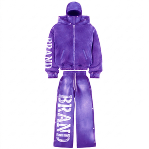 Ensemble de survêtement unisexe personnalisé pour l'hiver, en coton épais, orné de strass, comprenant une balaclava, un pantalon large et un sweat à capuche ample à fermeture éclair intégrale - Product Image 2