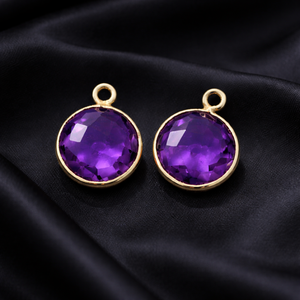 Faceted Amethyst Coin Charm Round Gemstone Pendant Gold Plated Bezel <b>Set</b> Earring Connector Jewelry Supply Sold Per <b>Pc</b> - Product Image 1
