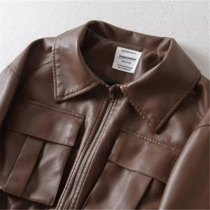 QASWA SPORTS Custom Women Cropped Leather Bomber <b>Jacket</b> Turn Collar Pocket Zipper Elastic Hem Casual Streetwear Vintage - Product Image 6