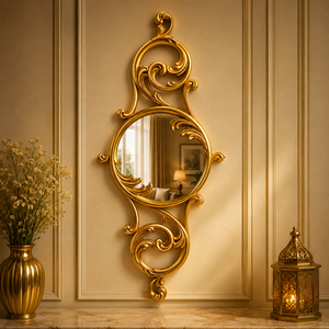 Espejo de Pared con Diseño de Madera Tallada, Estilo Antiguo, Acabado Dorado, Hecho a Mano, Decorativo y de Lujo - Product Image 1