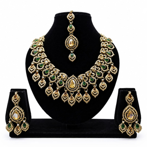 Austrian <b>Gold</b> Plated Crystal Stone Necklace <b>Set</b> with Earrings Maang Tikka | Indian Ethnic Bridal Wedding Anniversary <b>Jewelry</b> <b>Set</b> - Product Image 1