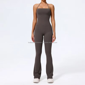 Solid Color Flared Leg Bodysuit Women's Activewear Sleeveless Full Length Yoga <b>Jumpsuit</b> Mid Waist Square Neck Front 2-Piece Set - Product Image 2