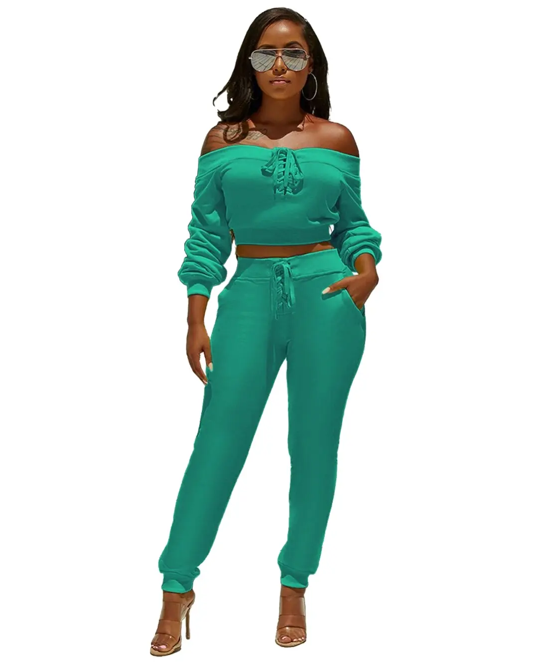 2021 Latest design two piece pants set Off Shoulder Full Sleeve trousers Sets Outfits Workout Tracksuit Clothes