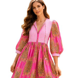 Vestido midi con estampado de tigre y bloques de color para mujer, cuello profundo con lazo, estilo bohemio, de algodón, informal, para verano. - Product Image 1