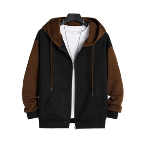 Sweat-shirt à capuche zippé pour homme, color block noir et marron, coupe classique, décontracté, en molleton bouclette respirant en coton tricoté, idéal pour l'automne - Product Image 1