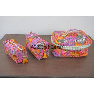 Ensemble de 3 trousses de toilette et de maquillage en coton imprimé à la main, grand format, avec fermeture éclair, imperméables, écologiques, durables, pour le voyage - Product Image 2