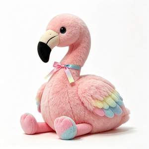 Peluche de flamenco sentado, adorable peluche de flamenco sentado con plumas pastel y cinta arcoíris, flamenco rosa de ojos grandes. - Product Image 5