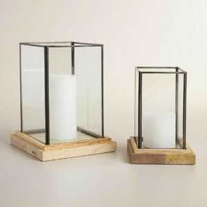 Faroles Metálicos Modernos con Paneles de Vidrio y Base de Madera para Decoración del Hogar o para la Temporada - Product Image 1