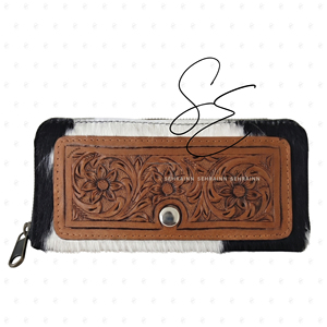 Pochette en cuir artisanal pour femme, cuir sculpté, cuir à poils, fermeture éclair, portefeuille personnalisé, sac à main western cowgirl, cadeau pour elle - Product Image 1