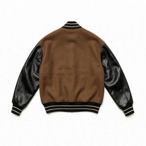 Veste universitaire personnalisée en laine marron avec manches en similicuir noir, fermeture à boutons pression, col et poignets côtelés rayés - Product Image 2