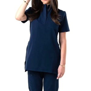 Women's Blue <b>Scrub</b> Top Short Sleeve Knitted Cotton Polyester Blend Hospital Uniform <b>Scrub</b> Tops - Product Image 1