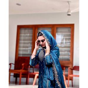 Handmade Satin Party Wear <b>Top</b>-Bottom and Dupatta Set XL Straight Silhouette with <b>Sequins</b> Embroidery Work - Product Image 2