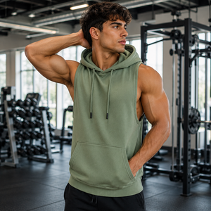 <b>Men</b> Sleeveless Hooded Zip-Up <b>Sweatshirt</b> Solid <b>Black</b> French Terry Casual Summer Fit Slim Regular Breathable Pocket Design - Product Image 4