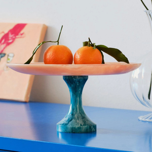 <b>Pink</b> Marble Effect Pedestal <b>Bowl</b> Minimalist Design Handmade Serving Dish for Fruit and Snacks Decorative Tableware - Product Image 1