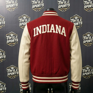 Veste universitaire Indiana pour homme, rouge, avec manches en cuir, broderie, style bomber, style preppy, vêtement d'hiver - Product Image 3