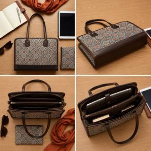 Bolso de Mano Ejecutivo de Lujo Personalizado para Portátil, con Estampado Jacquard de Jaipur, con Bolsillo y Detalles en Cuero, Set de Maletín para Mujer - Product Image 3