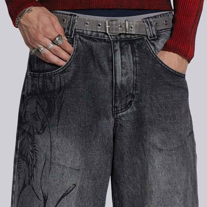 Vaqueros de mezclilla de hombre de cintura alta y pierna ancha, lavados a la piedra, con bordado a mano, estilo streetwear, de algodón, corte holgado, para otoño 2026 - Product Image 4