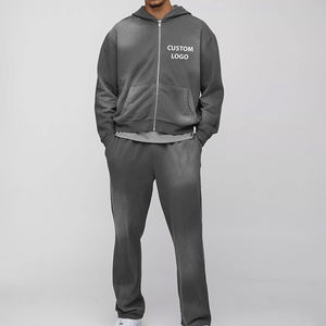 Ensemble de survêtement personnalisé de haute qualité : sweat à capuche zippé avec strass et pantalon évasé, effet délavé à l'acide - Product Image 5