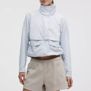 Elegant <b>Women's</b> <b>Light</b> Blue Stand Collar Softshell <b>Jacket</b> Full Sleeve Windproof Utility Zipper Closure Short Length <b>Women</b> <b>Jacket</b> - Product Image 1