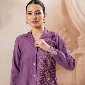 Conjunto de pijama para mujer de algodón puro estampado, camisa de algodón puro estampada con pantalón, conjunto morado bordado - Product Image 1