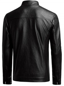 เสื้อแจ็คเก็ตหนังทรงเข้ารูปสีดำสไตล์ลำลองสำหรับผู้ชาย - Product Image 2