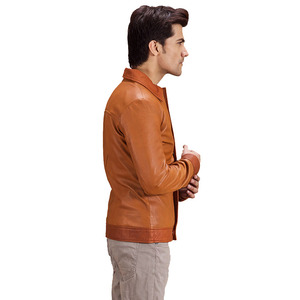 Veste en cuir véritable pour homme, marron, col rabattu, coupe ajustée, hiver, imperméable, respirante, manches classiques, couleur unie - Product Image 6