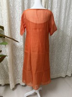 Robe midi orange douce à imprimé numérique tissé naturel pour femme, manches mi-longues, décontractée, été, service OEM