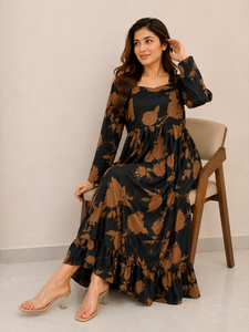 Vestido Western de Mujer con Estampado Floral, Color Marrón, Manga Larga, Escote Corazón, Cinturón con Lazo, Dobladillo con Volantes, Ropa Casual para Fiesta - Product Image 5
