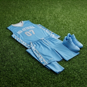Ensemble short et maillot de basket-ball bleu ciel personnalisé, bordure géométrique, uniforme d'équipe, vêtements de sport respirants en maille, 100% polyester, sublimation - Product Image 5