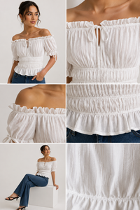 OEM Custom Solid White Cotton Smocked Blouse <b>off</b> <b>the</b> <b>Shoulder</b> Short Puff Sleeve <b>Floral</b> Everyday Beach Vacation Shirts Breathable - Product Image 2