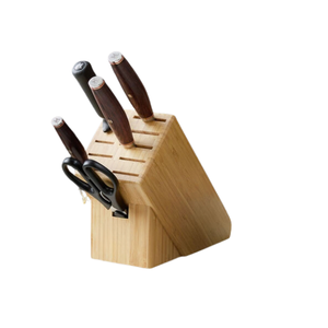 Ensemble de couteaux de cuisine à manches brun foncé avec lames à motifs argentés, ciseaux en bois brun clair et aiguiseur pour la préparation des aliments - Product Image 4