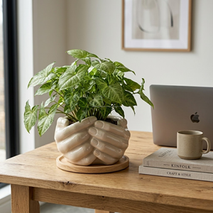 Sculptural Ceramic Indoor Planter with Wooden Drip Tray Antique Brown and Ivory <b>Vase</b> for Modern Office Decoration - Product Image 3