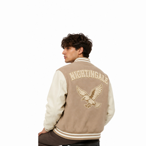Wholesale Custom <b>Men's</b> Cool Style Letterman Fleece Winter Varsity <b>Baseball</b> Bomber <b>Jacket</b> with Stand Collar Embroidery Cow Hide - Product Image 3