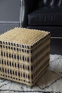 Artisan Crafted Rattan <b>Pouf</b> Green and Natural Diamond Weave Square Footstool Eco-Friendly Accent Seating for Tropical Decor - Product Image 4