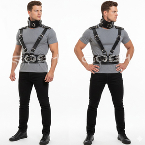 Harnais complet en cuir noir robuste de style bondage avec collier de maintien, poitrine ajustable à boucles et ceinture large à la taille - Product Image 4