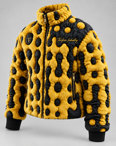 Veste matelassée en fausse fourrure Thorfinn Industry pour homme, motif à pois noir et jaune, logo brodé, manteau streetwear d'hiver, prix avantageux - Product Image 2