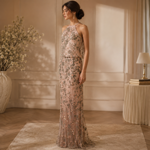 Luxury Women Floral Embroidered Evening Gown Elegant Halter Neck Maxi Dress 3D Applique <b>Sequin</b> Party Wedding Formal Occasion - Product Image 3
