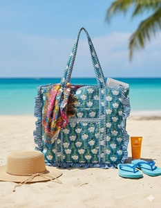 Vintage Quilted Frill Tote Bag For Women Handmade Cotton Ethnic Boho Shopper Bohemian Ruffle Mothers Day <b>Gift</b> - Product Image 3