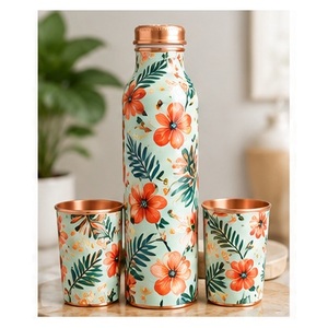 Asethetic Copper <b>Water</b> <b>Bottle</b> with <b>White</b> Flower Design Portable Travel Drinkware Set - Product Image 4