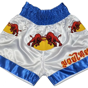 Shorts de Muay Thai de alta calidad en tela satinada, con logo personalizado, transpirables, ligeros, para entrenamiento en el gimnasio, con cintura elástica, para hombres y mujeres. - Product Image 1